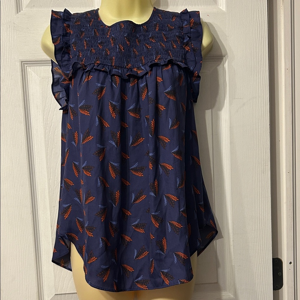 LOFT Dark Blue Ruffle Blouse with Orange Pattern